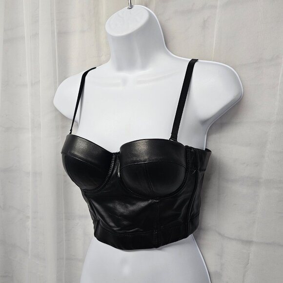 Black Faux Leather Tank Crop Vamp Grunge Punk Goth Pushup 34B - Picture 3 of 10